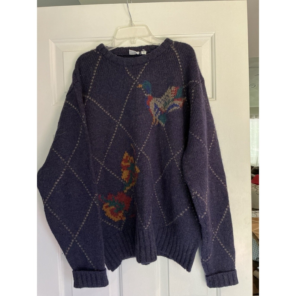 Vintage 100% Wool Argyle Sweater With Duck‎ Mallard Navy Blue Hong Kong